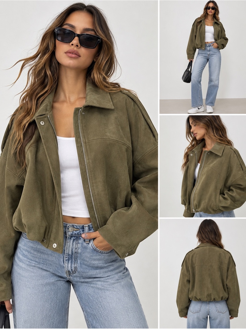 Olive Green Faux Suede Cropped Bomber Jacket S